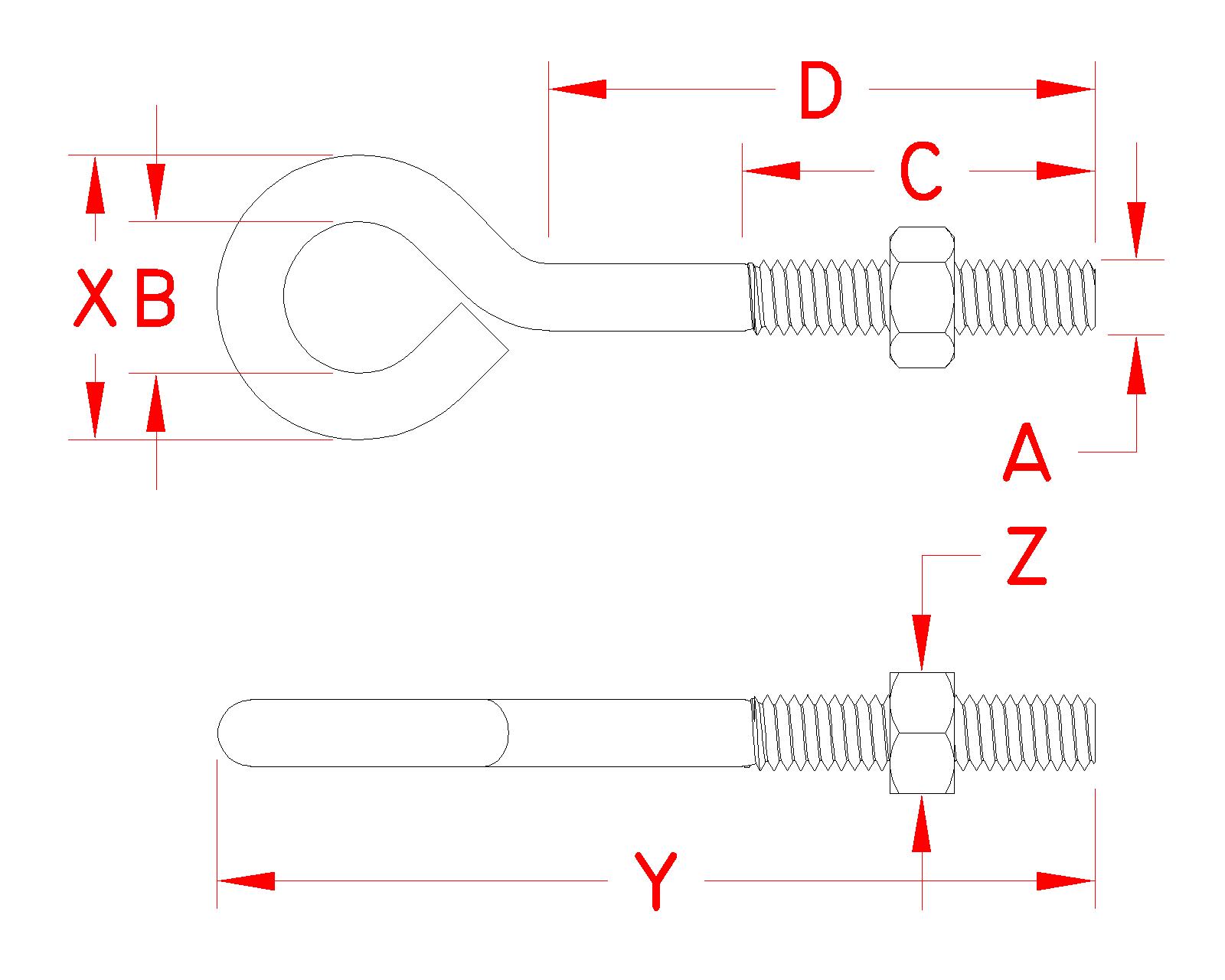 Stainless Steel Unwelded Eye Bolt, S0310-0, Line Drawing Stainless Steel Unwelded Eye Bolt, S0310-0, Line Drawing